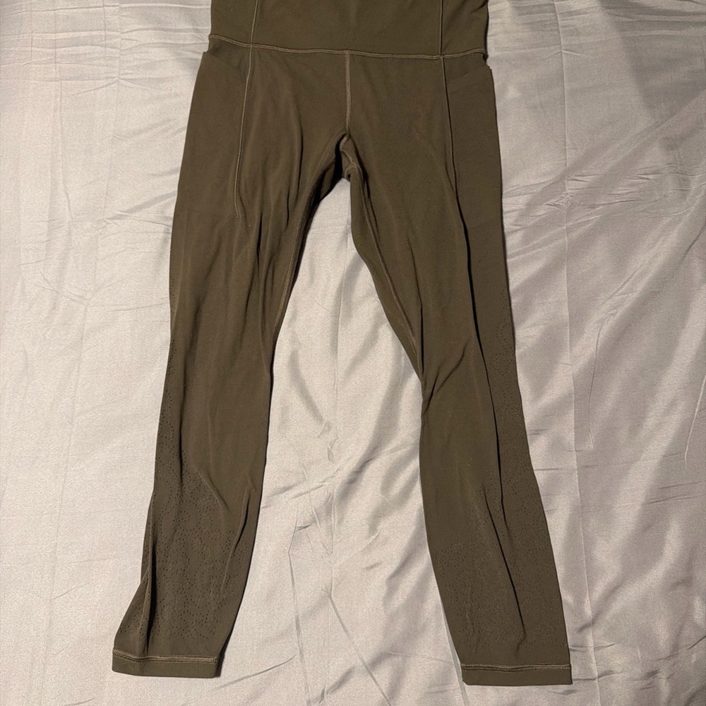 Athleta Women's Leggings Olive Green With A Yellow Inside, Thicker, Size M